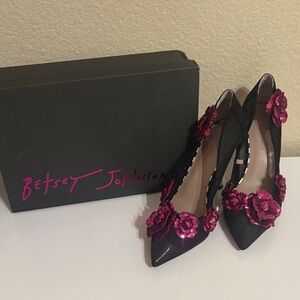 Betsey Johnson Black Heels with Pink Floral Accents